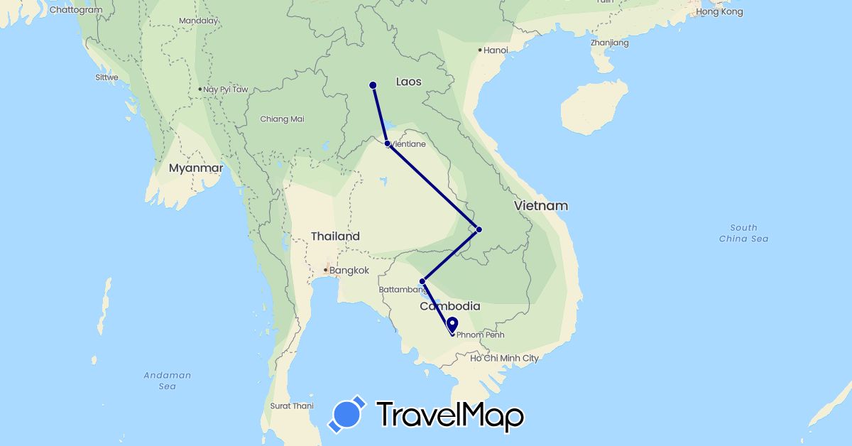 TravelMap itinerary: driving in Cambodia, Laos (Asia)